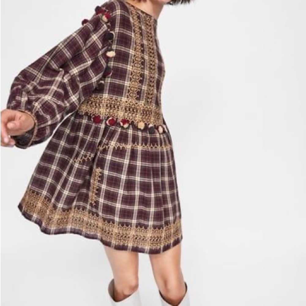 Zara Plaid Long Sleeve Dress - Burgundy and Gold XXL